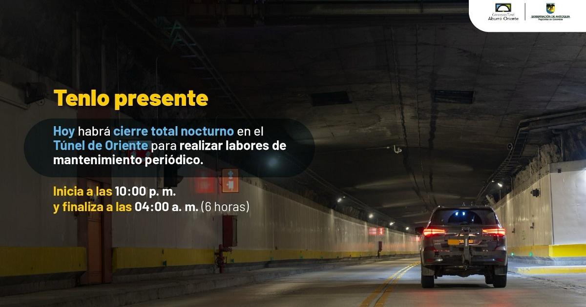 Noticias Antioquia: Habrá cierre total nocturno del Túnel de Oriente