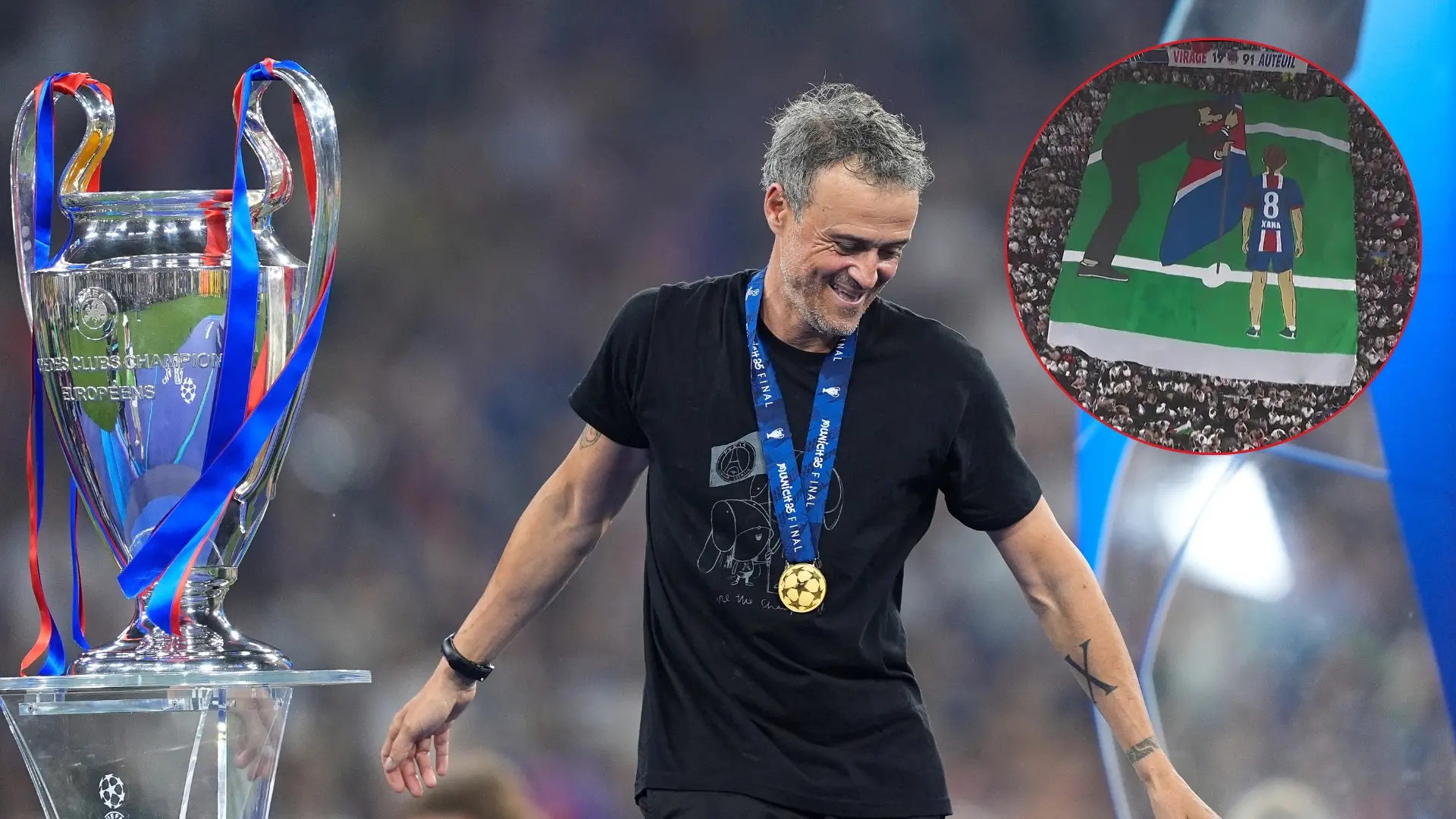 una camiseta con su imagen y el emotivo tifo de la afición del PSG