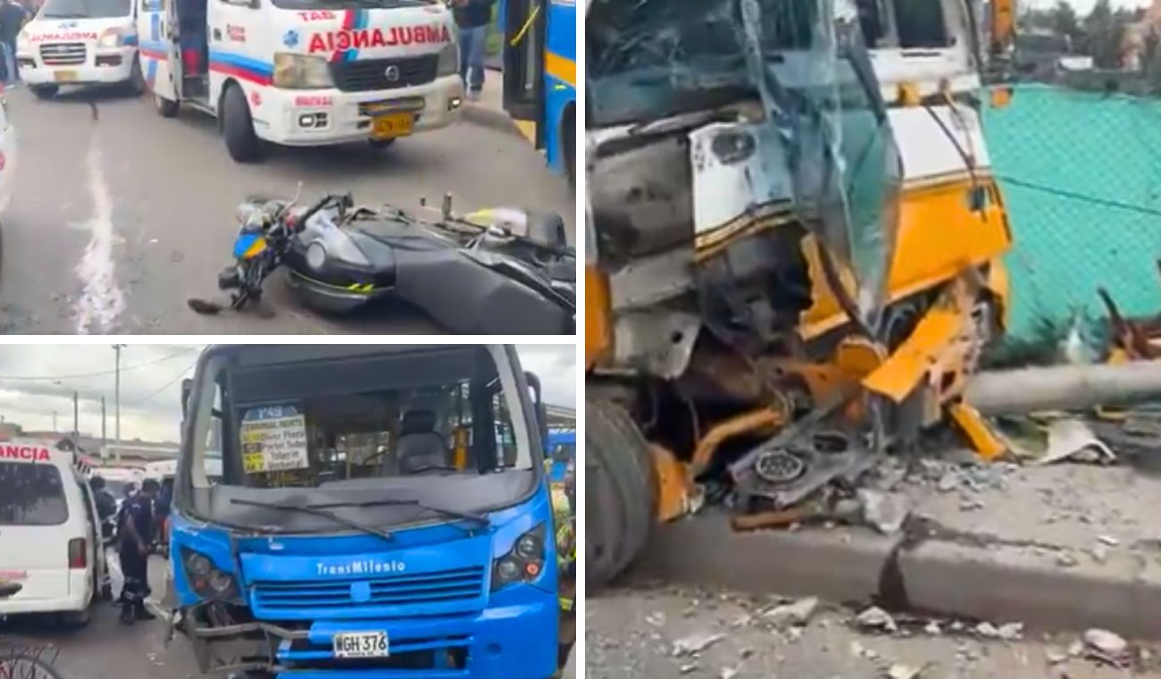 Accidente entre SIT, motociclista y camión que se estrelló contra un poste