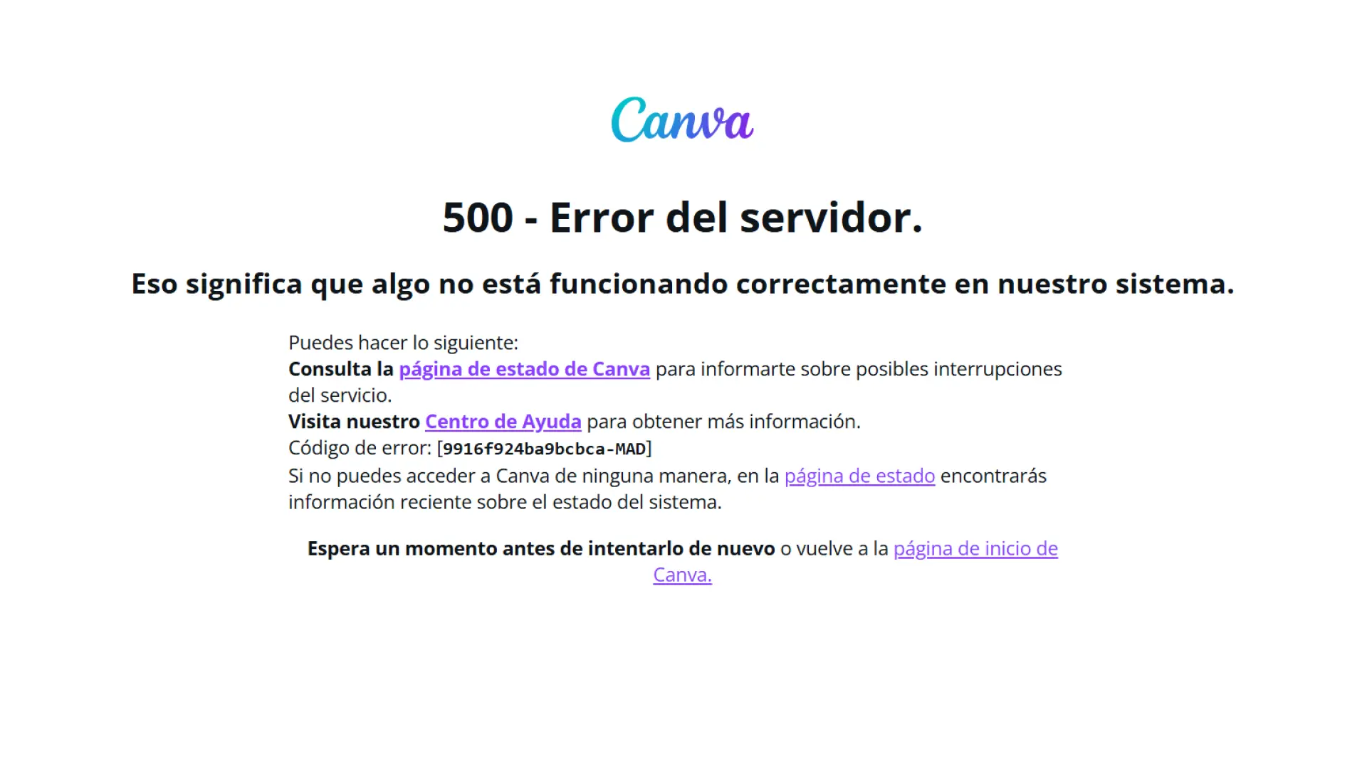 el editor online muestra un error 500 y deja de funcionar