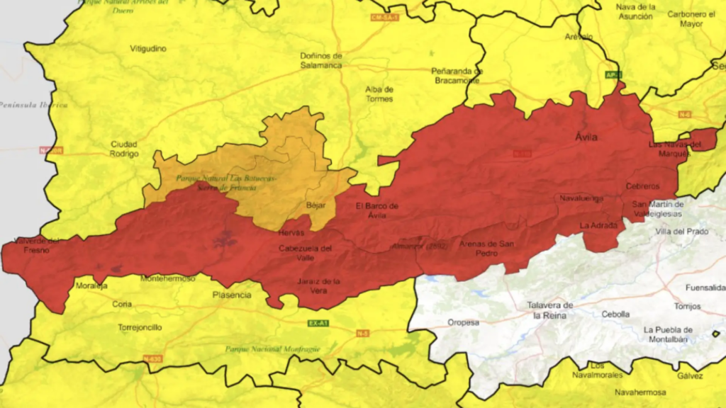 Alerta roja en Ávila, Cáceres y el Sistema Central por lluvia extrema y riesgo de inundaciones por la borrasca Claudia Alerta roja en Ávila, Cáceres y el Sistema Central por lluvia extrema y riesgo de inundaciones por la borrasca Claudia