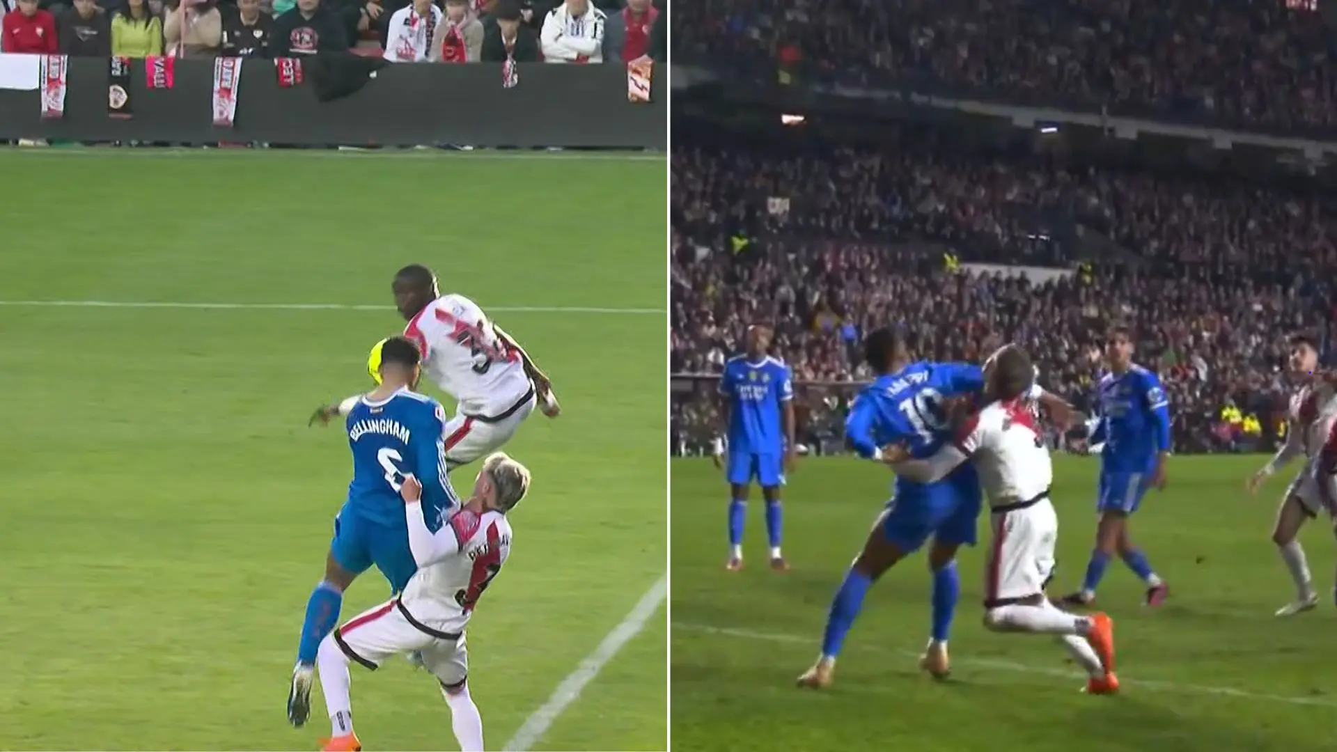 los blancos pidieron penalti por dos agarrones a Bellingham y Mbappé