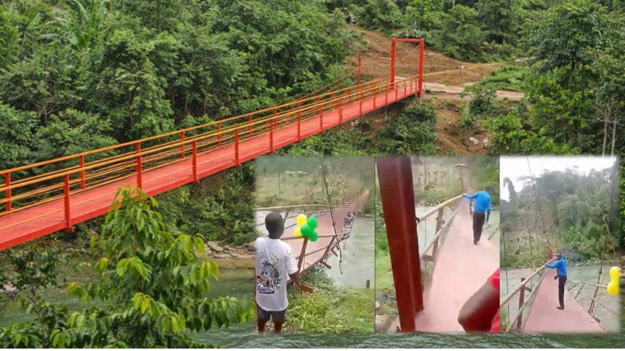 Insólito: inauguran puente en Bagadó y colapsa segundos después; deja tres heridos