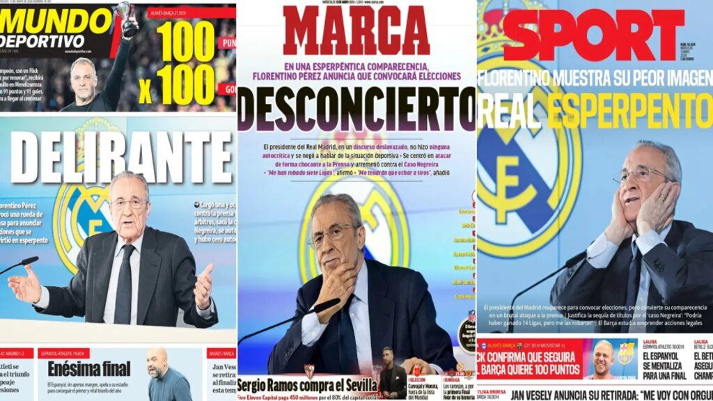 "Delirante", "Esperpento"… Las portadas de Florentino Pérez y su anuncio electoral