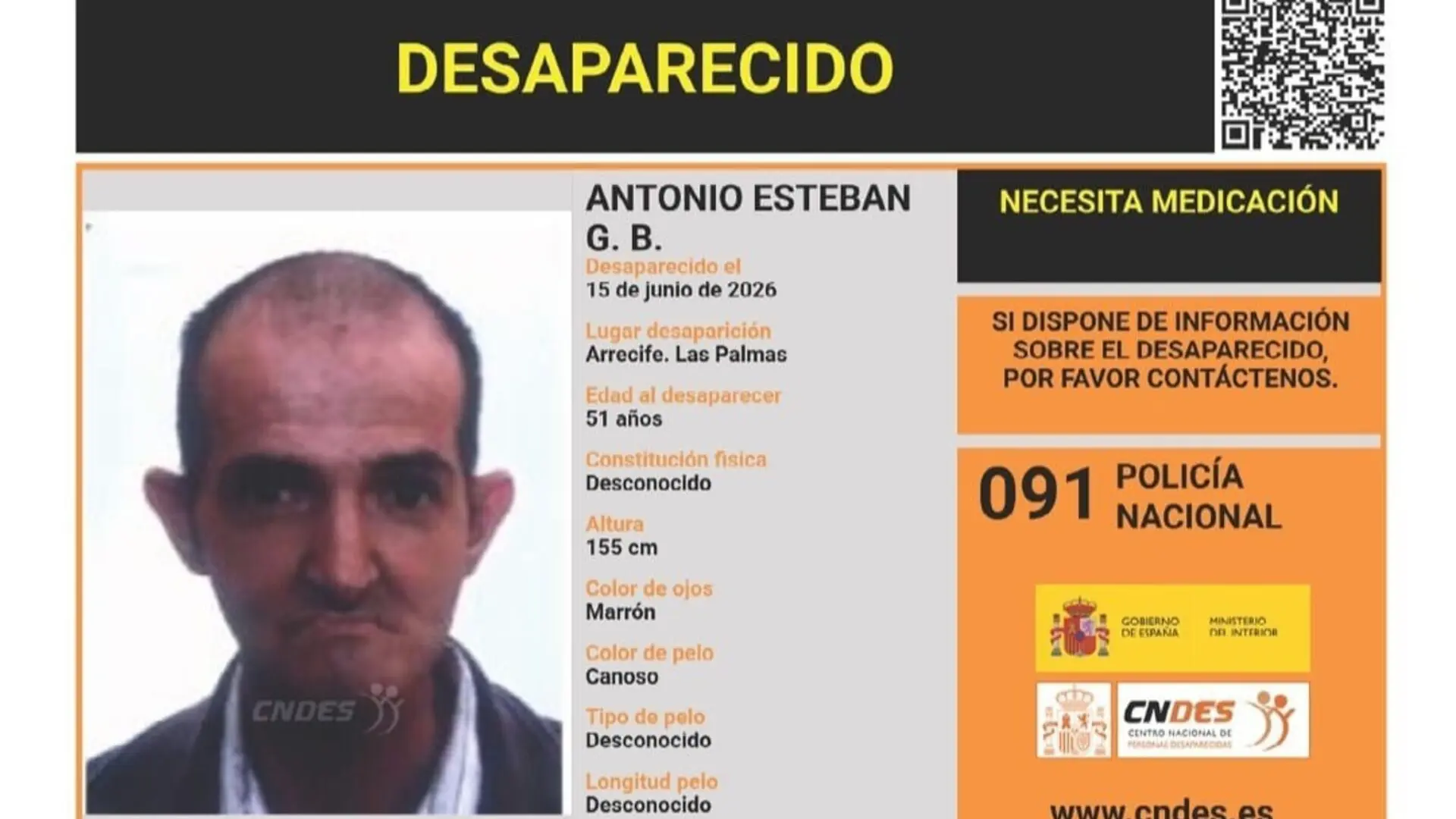 La Policía Nacional pide colaboración para encontrar a Antonio Esteban, desaparecido en Lanzarote el 15 de junio