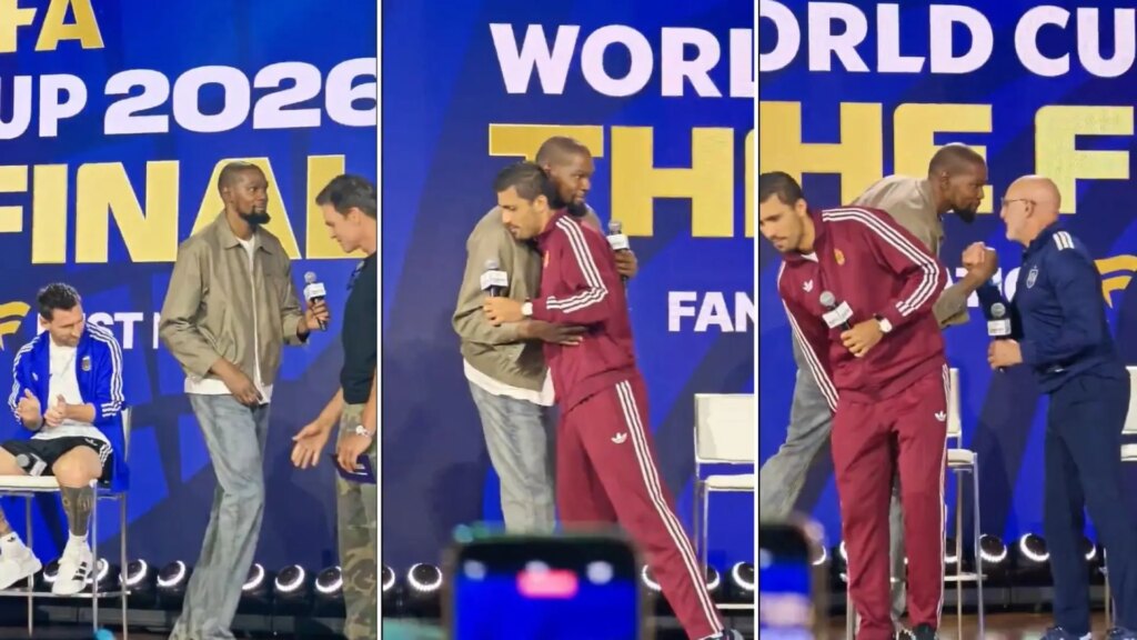 Kevin Durant ‘pasa’ de saludar a Messi y va directo a dar la mano a Rodri y a De La Fuente Kevin Durant ‘pasa’ de saludar a Messi y va directo a dar la mano a Rodri y a De La Fuente