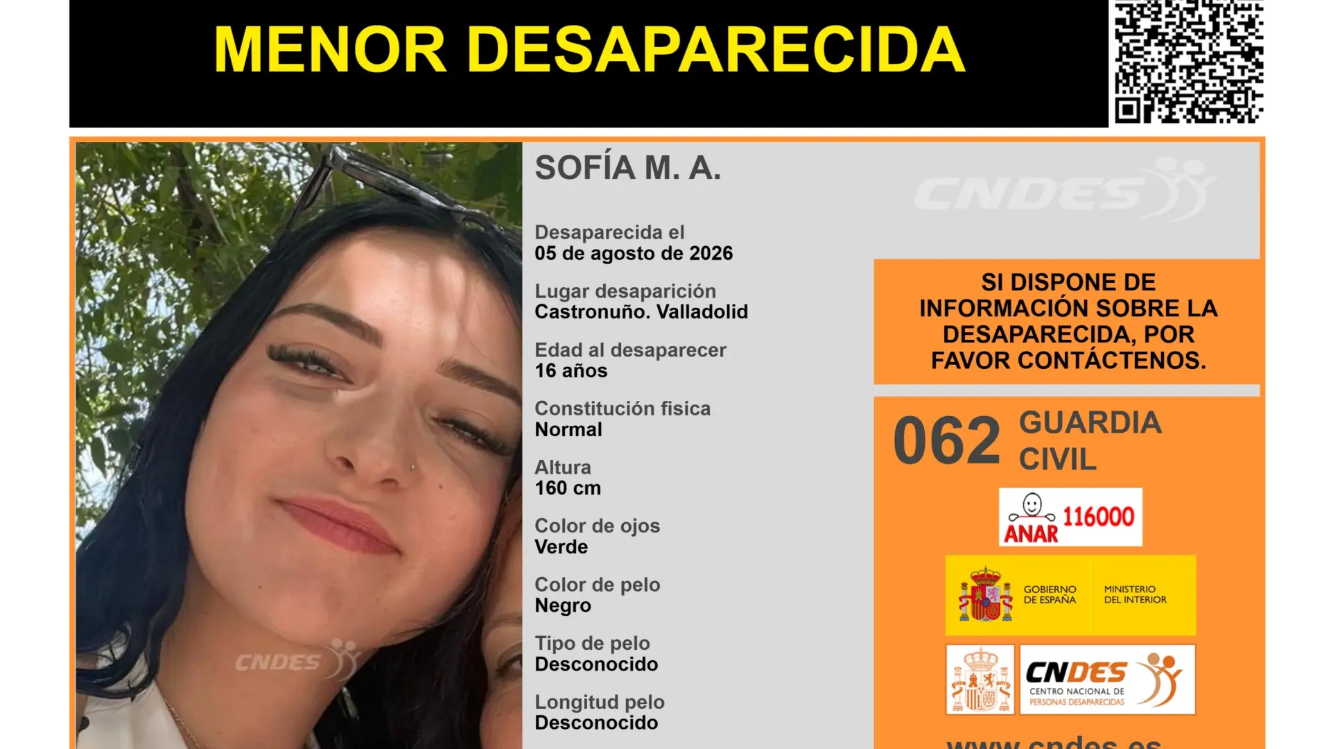 Buscan a una menor de 16 años desaparecida desde el 5 de agosto en Castronuño Buscan a una menor de 16 años desaparecida desde el 5 de agosto en Castronuño